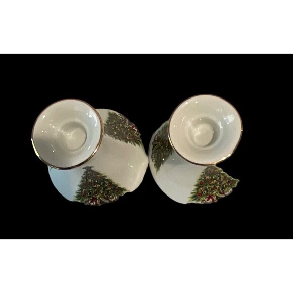 Vintage Set of 2 Fine China Christmas Tree Design Candle Holders w/Box - Picture 4 of 6